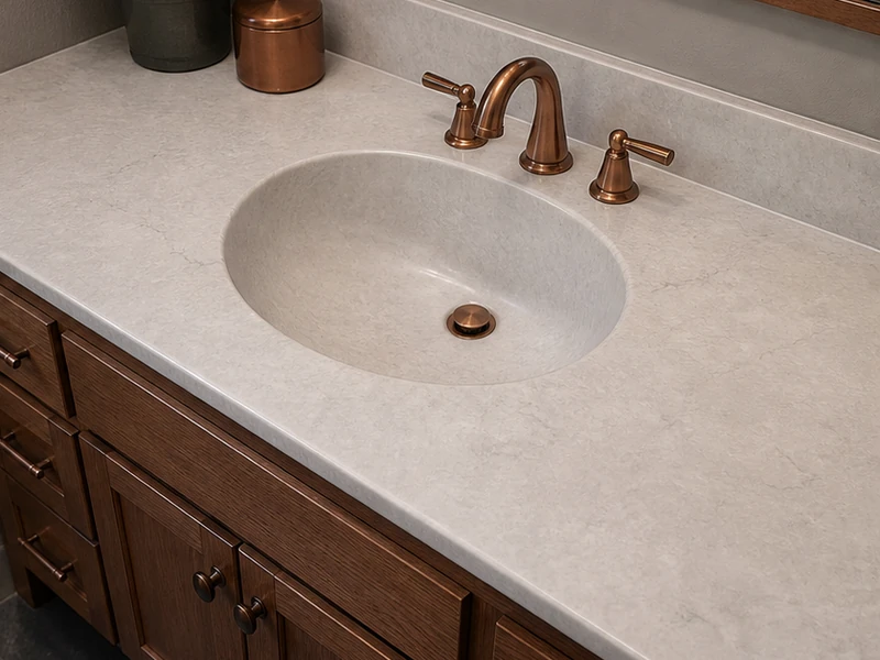 Refinished stone-look neutral vanity top in a Farm Hill bathroom, Redwood City