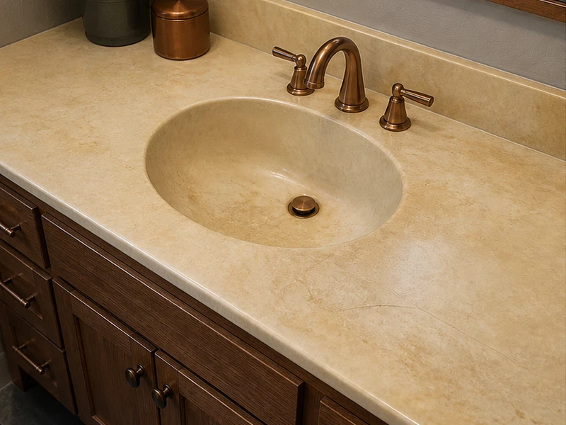 Yellowed, etched cultured-marble vanity top before refinishing in a Farm Hill bathroom, Redwood City