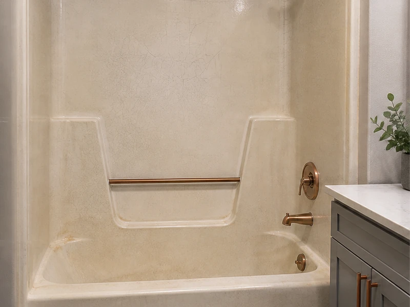 Faded, crazed fiberglass shower surround before refinishing in a Redwood Shores condo, Redwood City