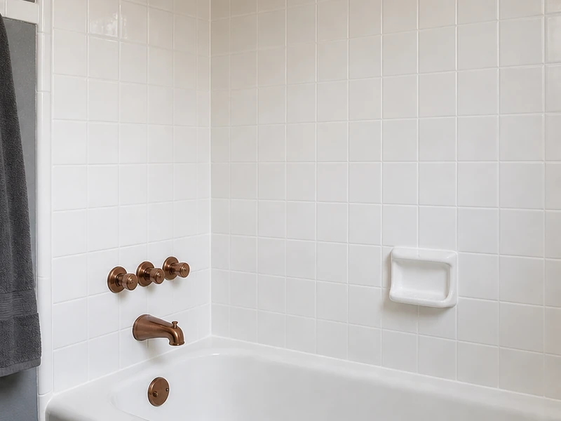 Reglazed bright white wall tile around a tub in an Emerald Hills bathroom, Redwood City