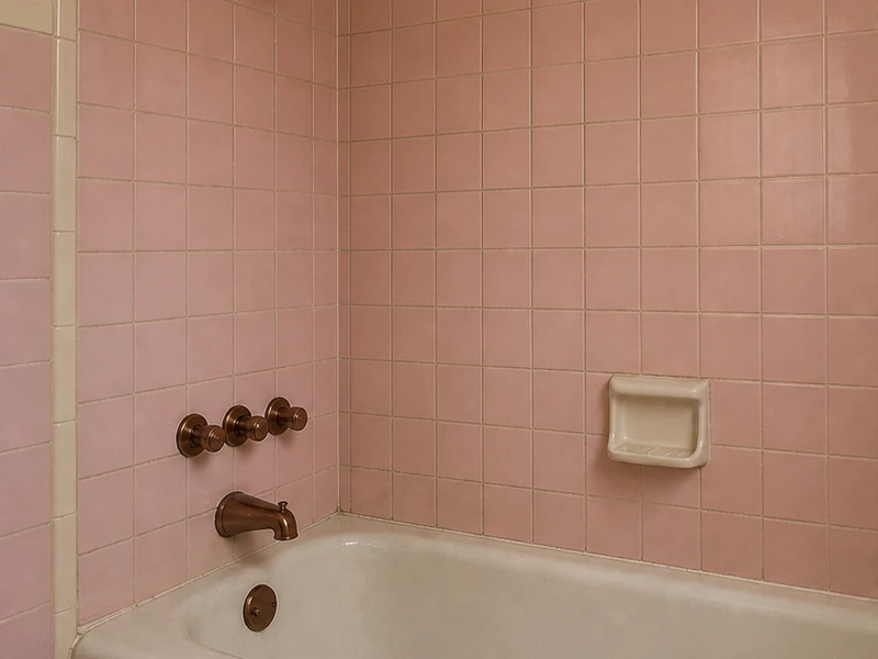 Dated almond ceramic tile with discolored grout before reglazing in an Emerald Hills bathroom, Redwood City